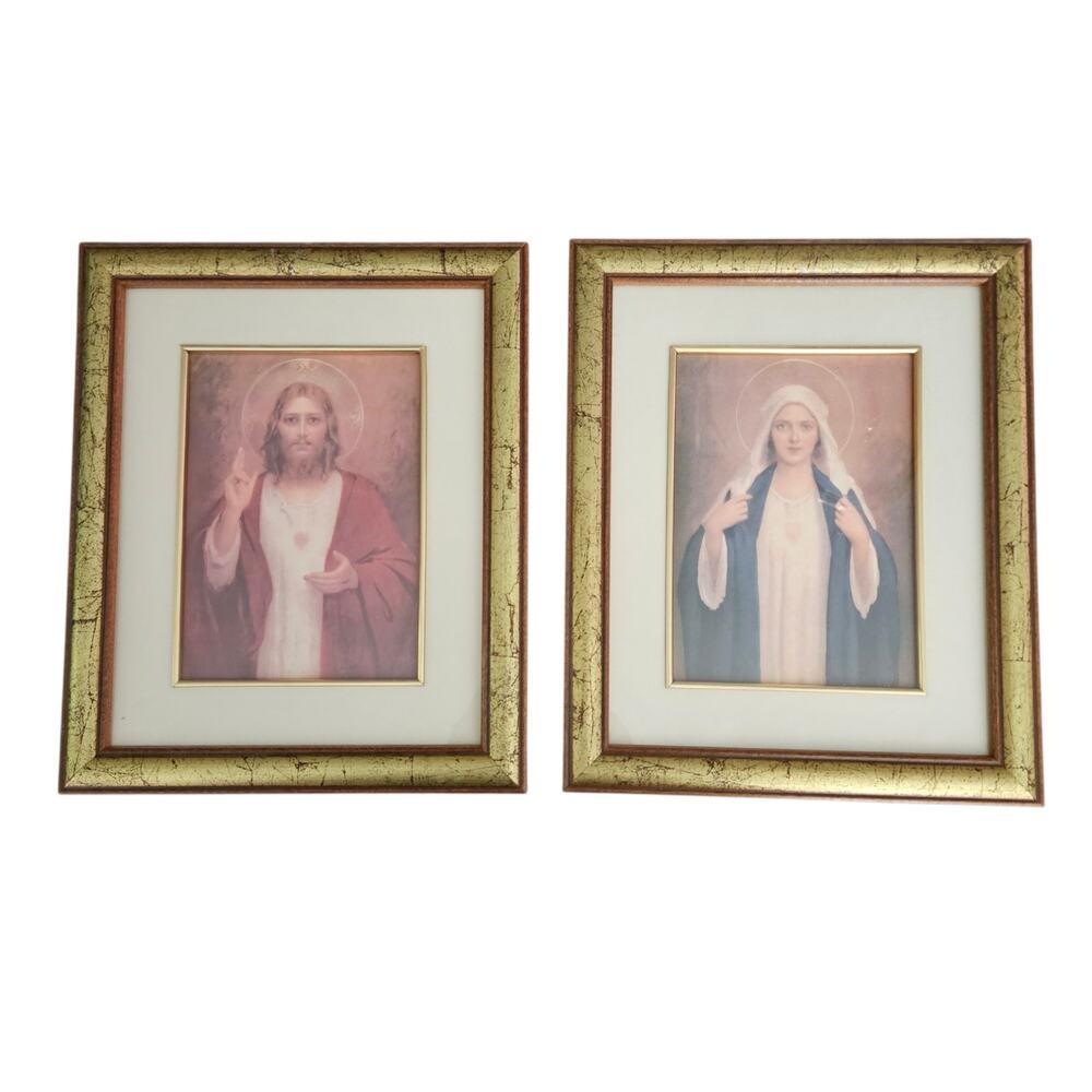 Vintage Sacred Heart Jesus Virgin Mary Framed Religious Prints Set of 2